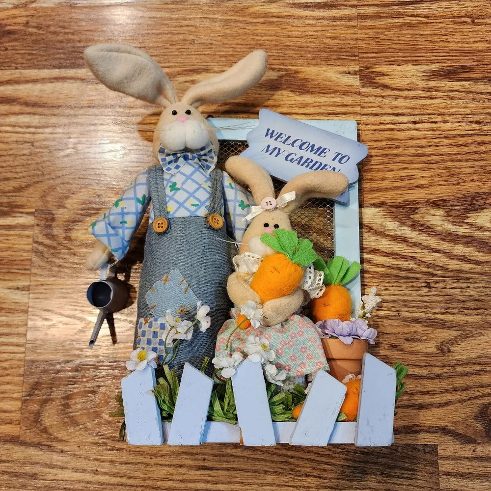 Primitive Springtime Welcome to My Garden Plush Bunny Wooden Decor